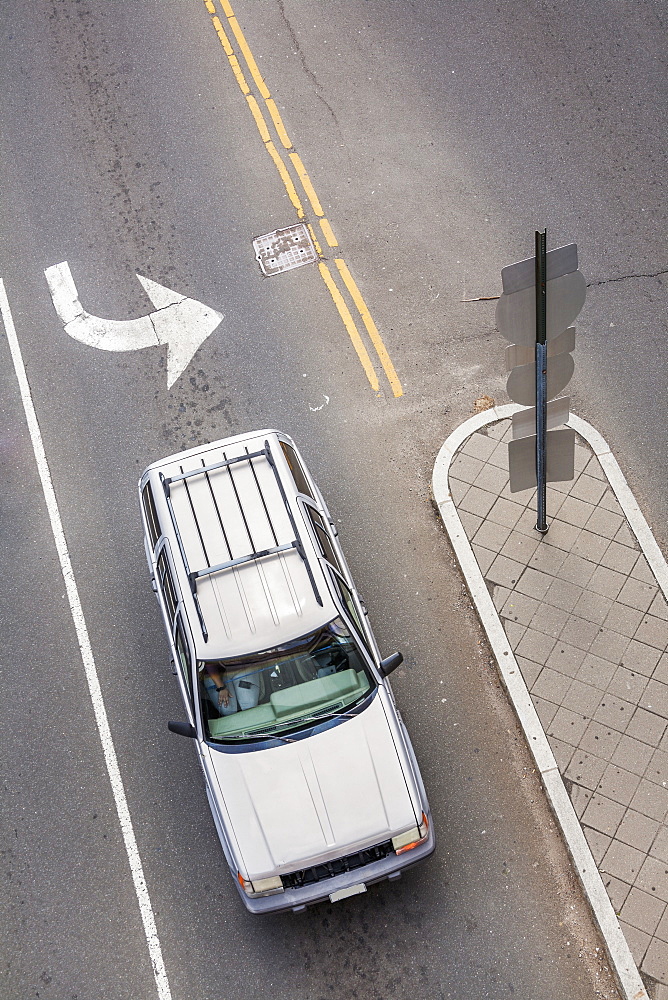 Aerial View Of A Car On The Street In The Turning Lane, Connecticut, United States Of America