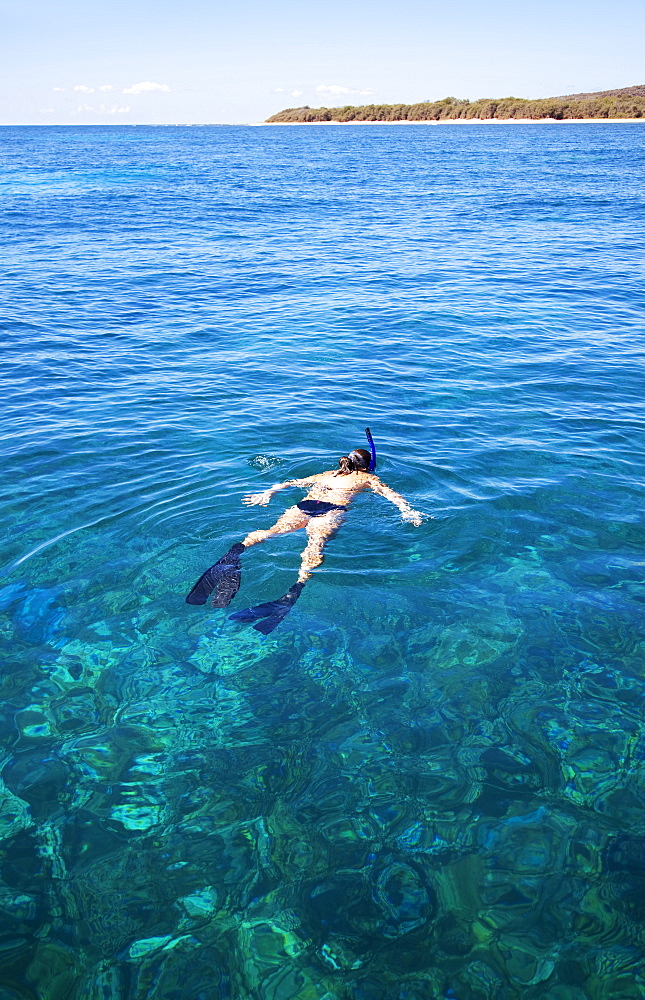 Hawaii, Lanai, Young Woman Swims Near Ocean While Snorkeling.