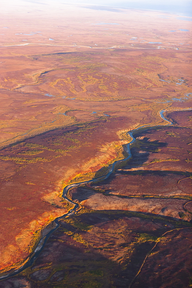 Aerial View Of The Nome River And Kigluaik Mountains, North Of Nome, Seward Peninsula, Alaska, United States Of America