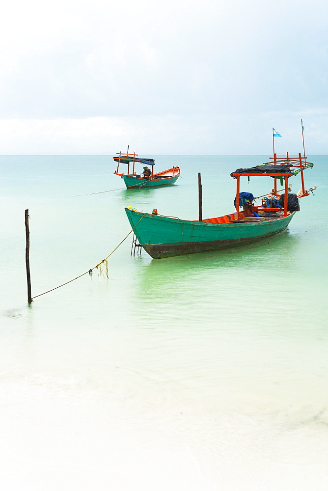 Boats Moored In The Shallow Water Off Tui Beach, Koh Rong Island, Sihanoukville, Cambodia