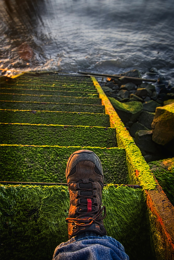 An Old Stairway On The Astoria Riverfront That Leads Into The Water, Astoria, Oregon, United States Of America