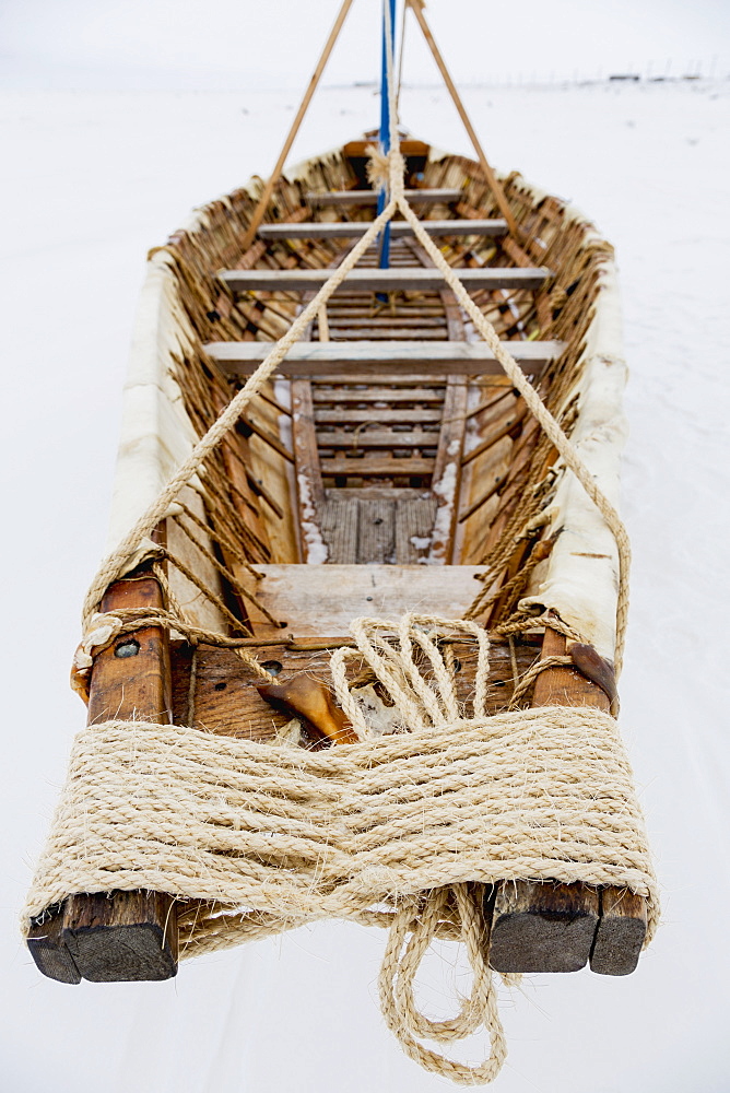 View Of The Interior Of An Umiak Skin Boat, Barrow, North Slope, Arctic Alaska, USA, Winter