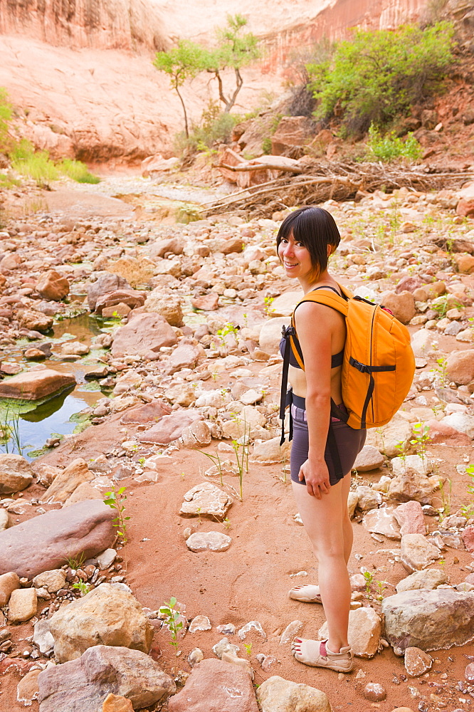 Adventurer Exploring A Desert Canyon Narrows, Capitol Reef National Park, Utah, United States Of America