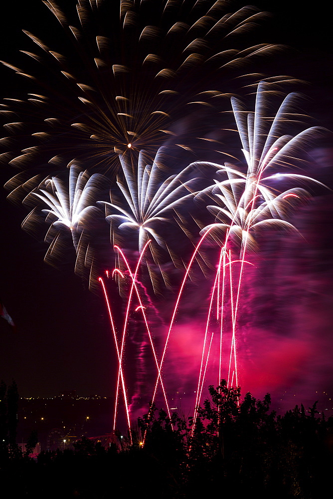 Colourful Fireworks At Nighttime, Calgary, Alberta, Canada