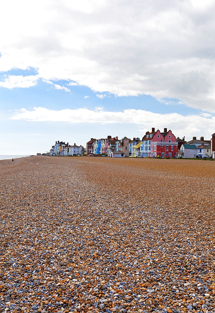 Empty Beach With Colourful Resort Houses In The Distance, Aldeburgh, Suffolk, England