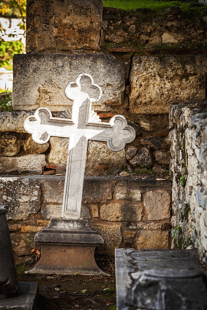 White Cross And Stone Wall, Church Of The Holy Apostles, Athens, Greece