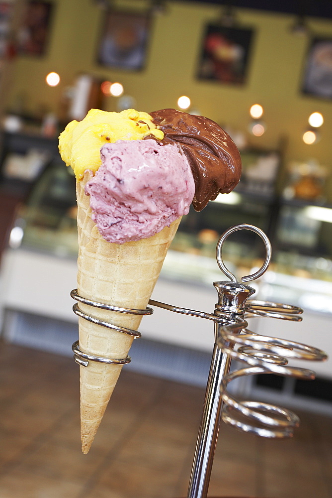 Ice Cream Cone With Three Different Flavours Of Ice Cream, Quebec, Canada