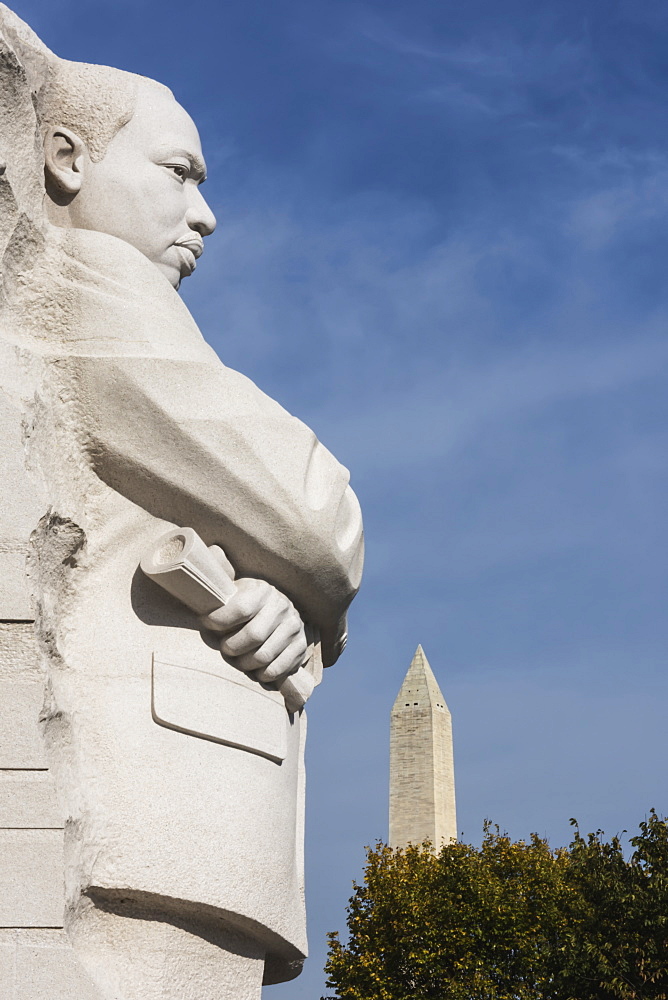 Martin Luther King Junior Memorial, Located On Four Acres Along Tidal Basin, Dedicated In 2011, 30 Foot Granite Sculpture Called Stone Of Hope By Lei Yixen, Washington Monument In The Background, Washington, District Of Columbia, United States Of America