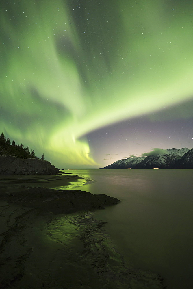 Aurora Borealis Dancing Above The Chugach Mountains And Turnagain Arm, Kenai Peninsula, Southcentral, Alaska