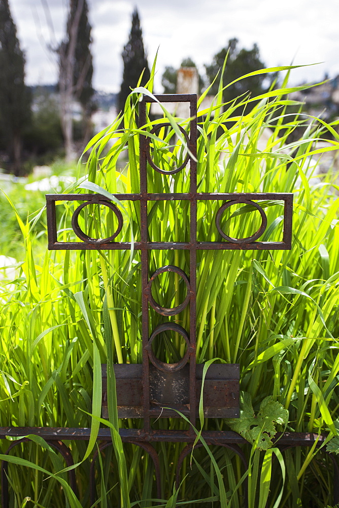 Metal Cross Headstone With Overgrown Grass In A Cemetery, Israel