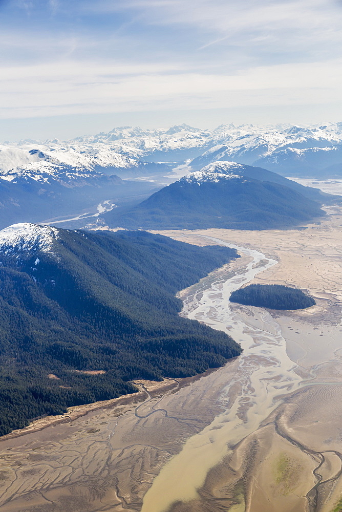 Aerial View Of Low Tide And Woronkofski Island In The Stikine River Delta On A Clear Day, Wrangell, Southeast Alaska, USA, Spring