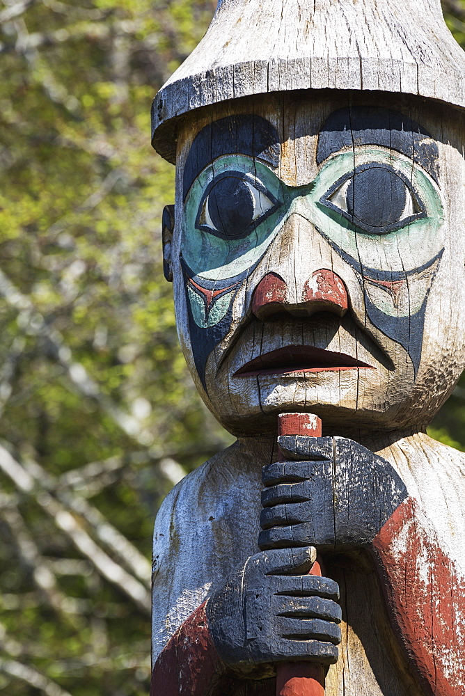 Detail Of A Human Figure Carved Into A Totem Pole, Totem Bight State Historical Park, Ketchikan, Southeast Alaska, USA, Spring