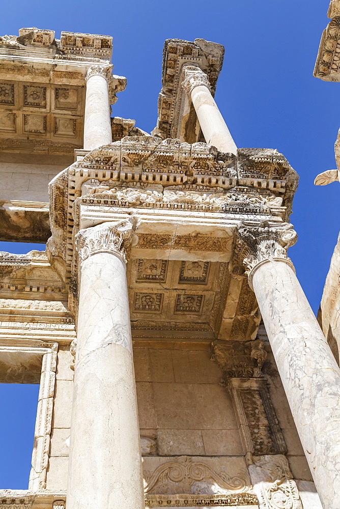 A Close Up Cropped Low Angle View Of The Library Of Celsus At The Ephesus Ancient City Historic Site, Selcuk, Turkey