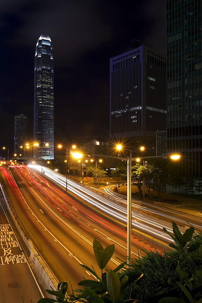 Streaks Of Light From Traffic Outside Skyscraper, Hong Kong, China