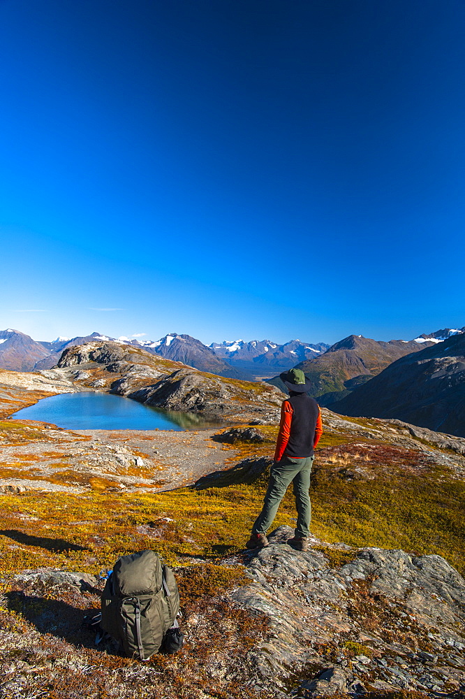 A Man Hiking Near An Unnamed Lake Near The Harding Icefield Trail In Kenai Fjords National Park On A Summer Day, South-Central Alaska, Alaska, United States Of America