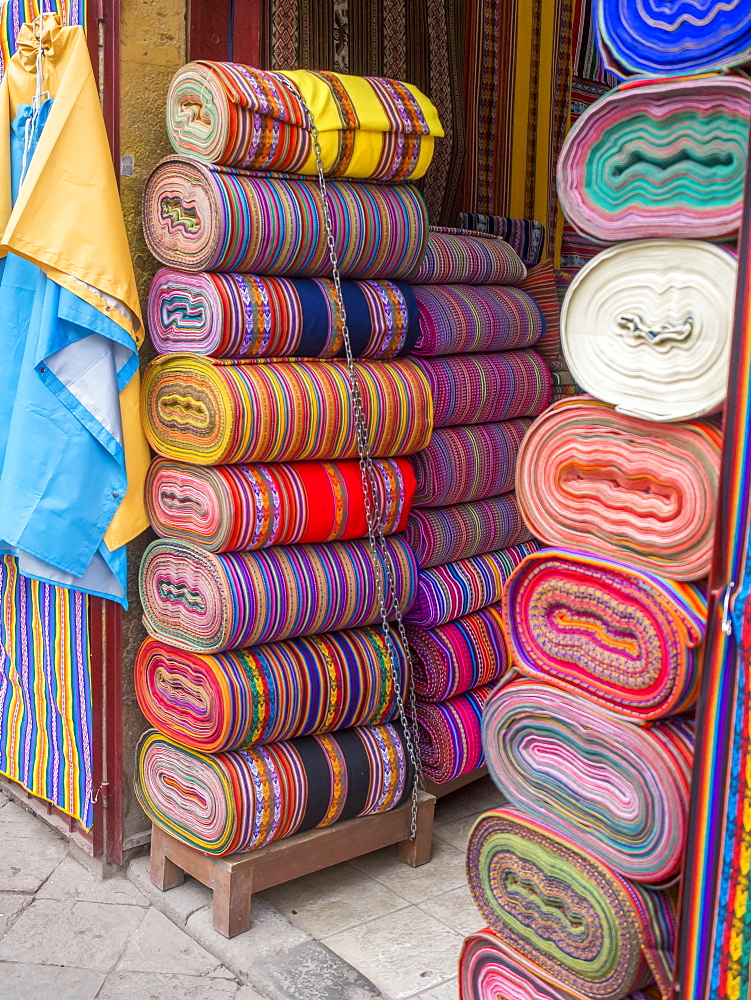 Bolts Of Colourful Peruvian Designs In A Street Market, These Patterns Are Part Of The Indigenous Quechua Culture, Cusco, Peru