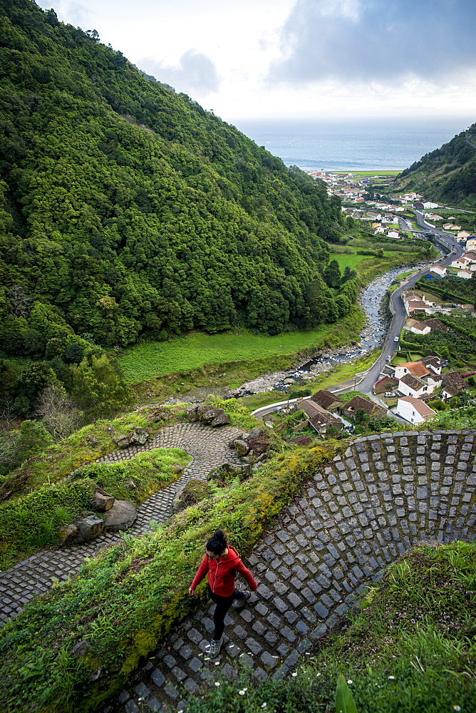 Young Woman Trekking In Faial Da Terra, Sao Miguel, Azores, Portugal