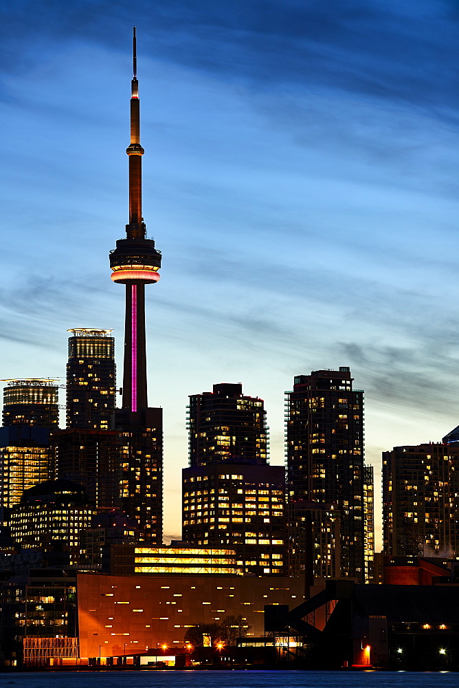 Skyline Of Toronto And Cn Tower Illuminated At Sunset, Toronto, Ontario, Canada