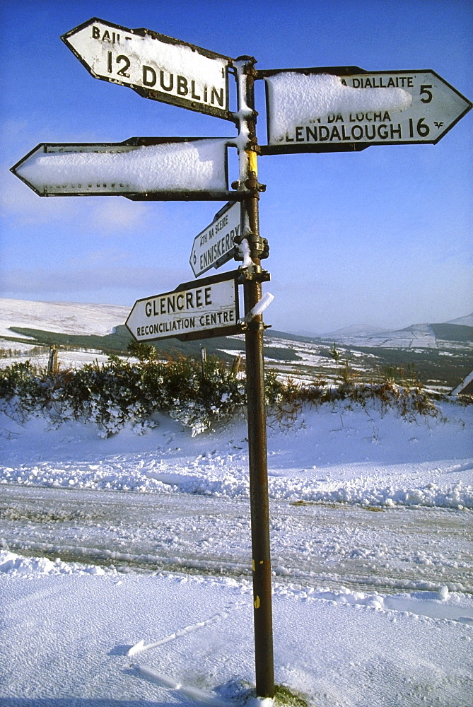 Snow Covered Signpost; Glencree, Co Wicklow, Ireland