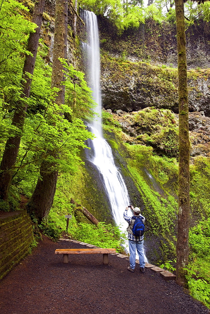 A Hiker Taking A Picture With His Camera At Winter Falls In Silver Falls State Park; Oregon, USA