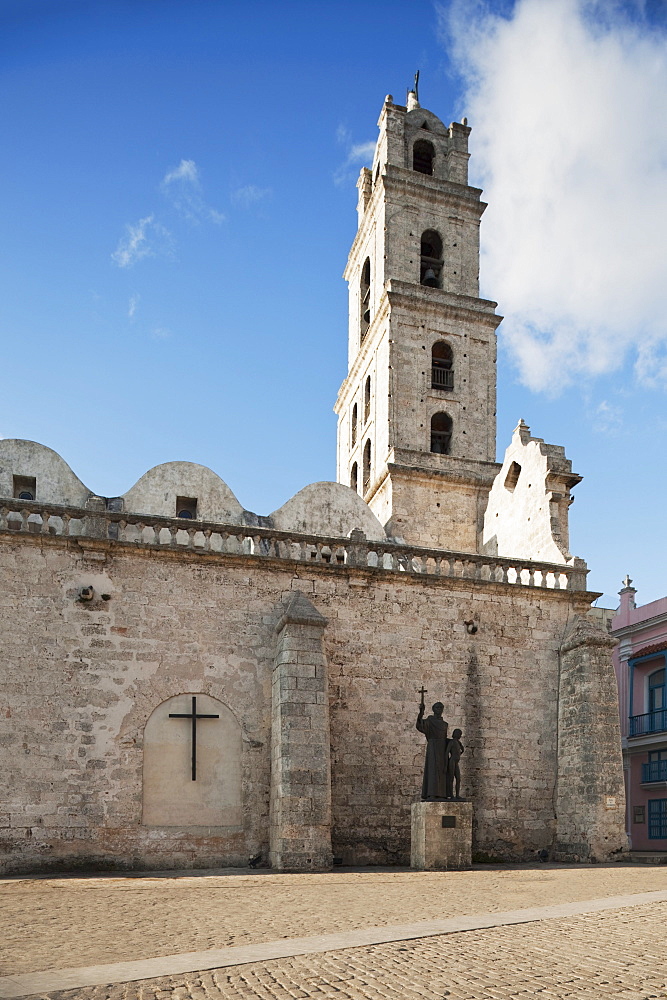 A Monument Of Fray Junipero Serra With Juaneno, An Indian Boy, At The Front Of The 16Th Century Basilica Menor De San Francisco De Asis In Plaza De San Francisco; Havana, Cuba