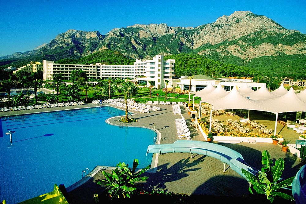 High angle view  of a swimming pool at a tourist resort, Mirage Park Hotel Resort, Antalya, Turkey