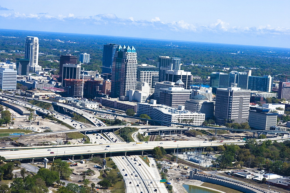 Aerial view of a multiple lane highway in a city, Interstate 4, Orlando, Florida, USA