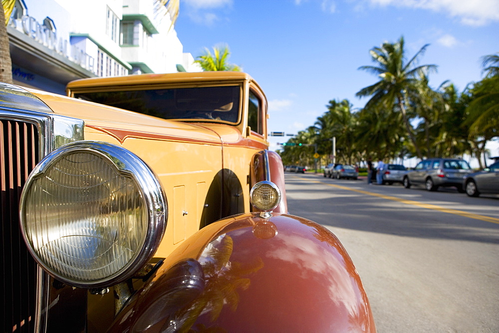 Close-up of a car's headlight, South Beach, Miami Beach, Florida, USA