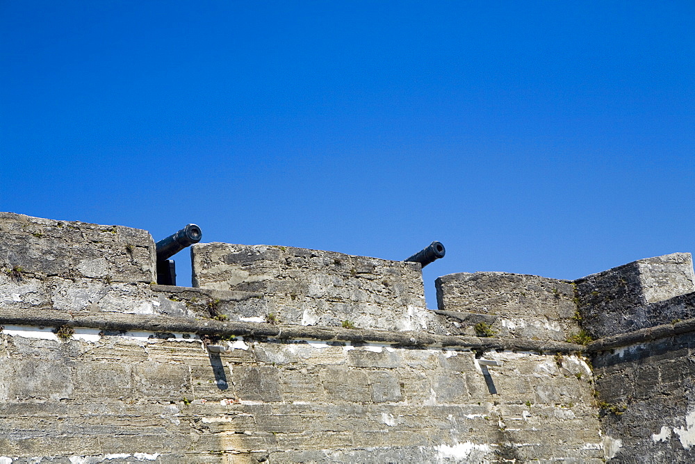 Low angle view of cannons on top of a castle, Castillo De San Marcos National Monument, St Augustine, Florida, USA