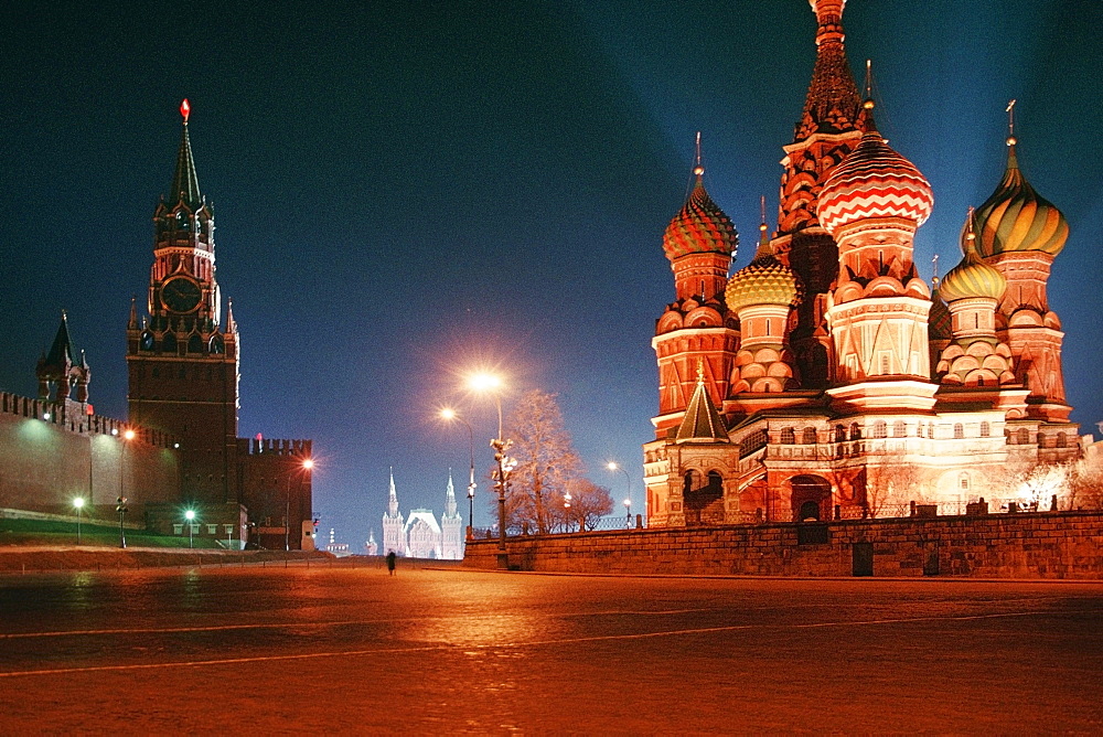 Low angle view of a cathedral and a Kremlin, St. Basil's Cathedral, Red Square, Moscow, Russia