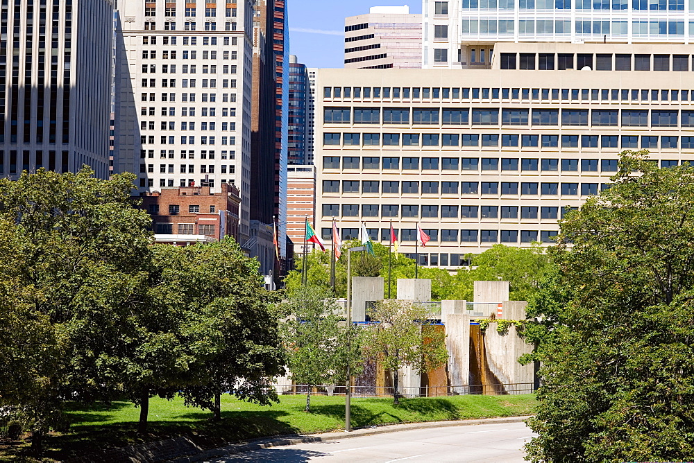 Flags in front of buildings, Baltimore, Maryland, USA