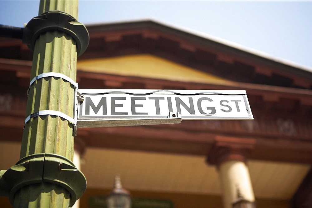 Low angle view of an information board on a pole, Charleston, South Carolina, USA