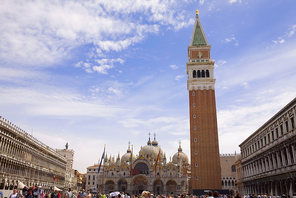 Low angle view of a bell tower, St. Mark's Cathedral, St. Mark's Square, Venice, Italy