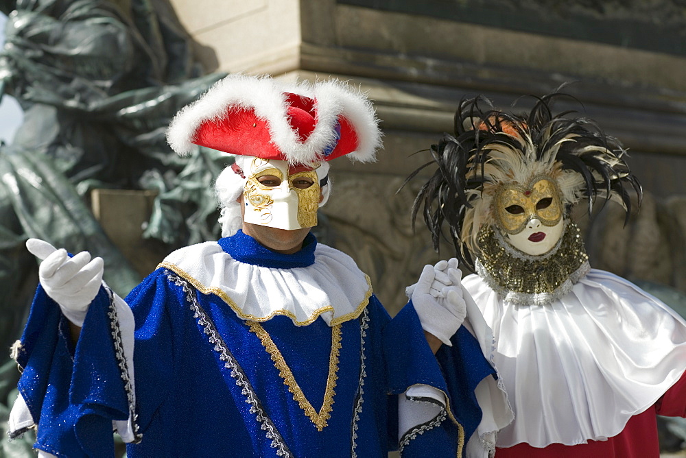 Close-up of two people in carnival costumes, Venice, Italy