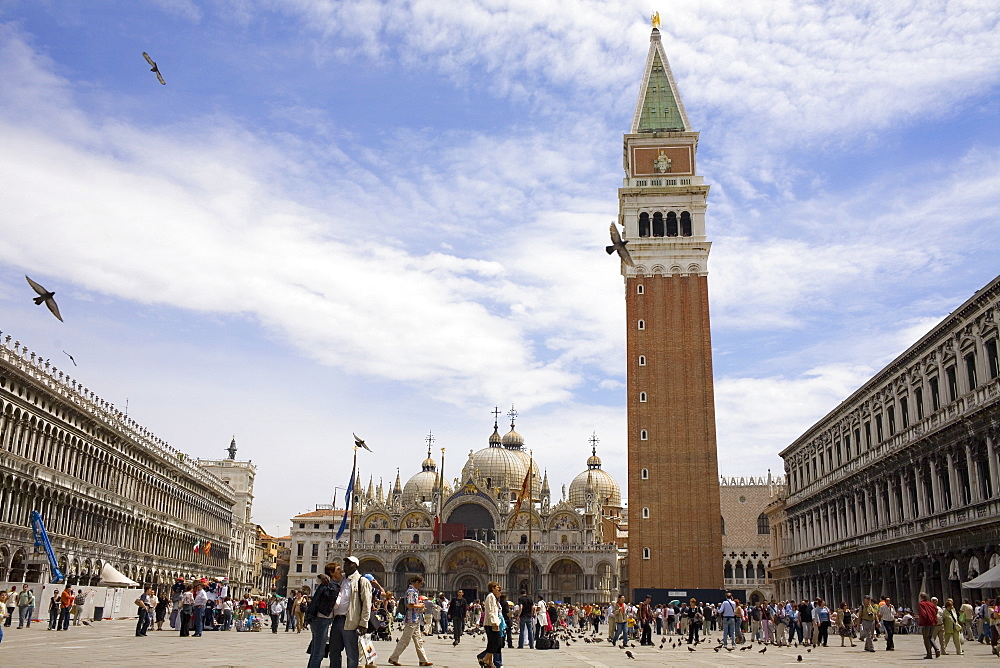 Low angle view of a bell tower, St. Mark's Cathedral, St. Mark's Square, Venice, Italy