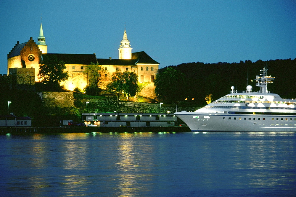 Castle lit up at night, Akershus Fortress, Oslo, Norway