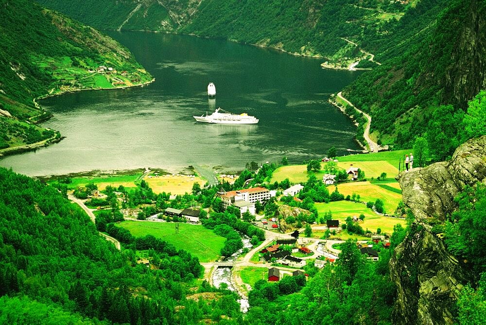 Aerial view of a village, Geiranger, Geirangerfjord, Norway