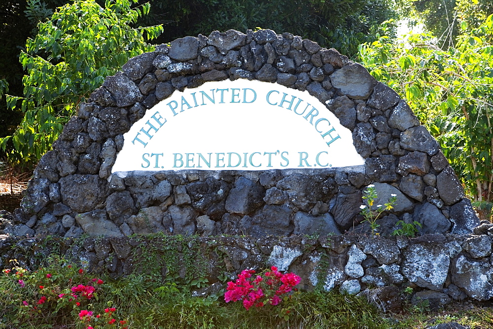 Text written on a wall outside a church, St. Benedict's Catholic Church, Honaunau, Hawaii Islands, USA