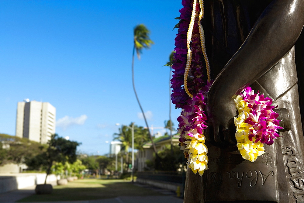 Close-up of a garland hanging on a statue, Honolulu, Oahu, Hawaii Islands, USA