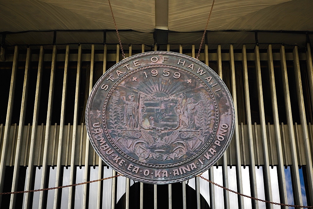 Close-up of a shield of Hawaiian state, Hawaii State Capitol, Honolulu, Oahu, Hawaii Islands, USA