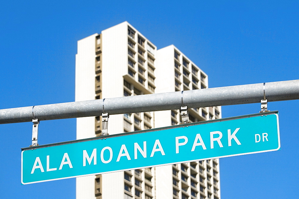 Low angle view of a signboard, Ala Moana Beach Park, Honolulu, Oahu, Hawaii Islands, USA