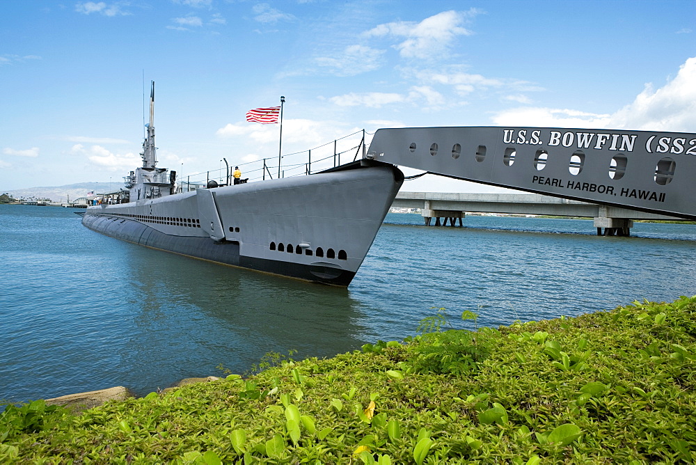 Passenger boarding bridge leading to a military ship, USS Bowfin, Pearl Harbor, Honolulu, Oahu, Hawaii Islands, USA