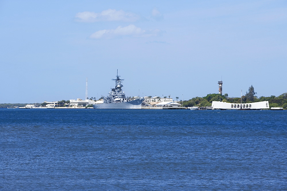 Military ship near a memorial building, USS Arizona Memorial, Pearl Harbor, Honolulu, Oahu, Hawaii Islands, USA