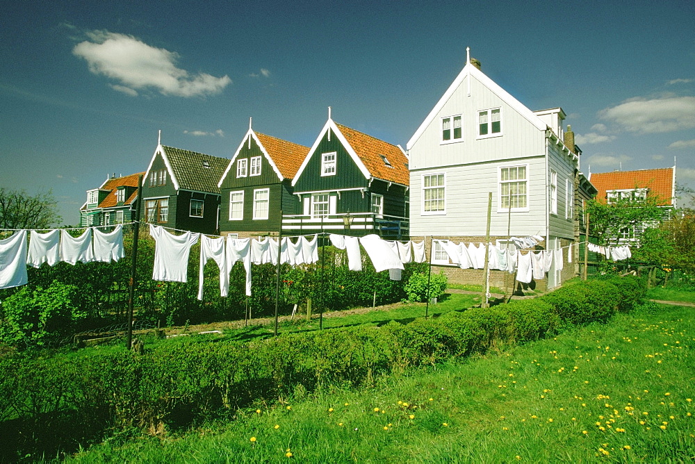 Clothes drying on a clothesline in front of houses, Marken, Netherlands