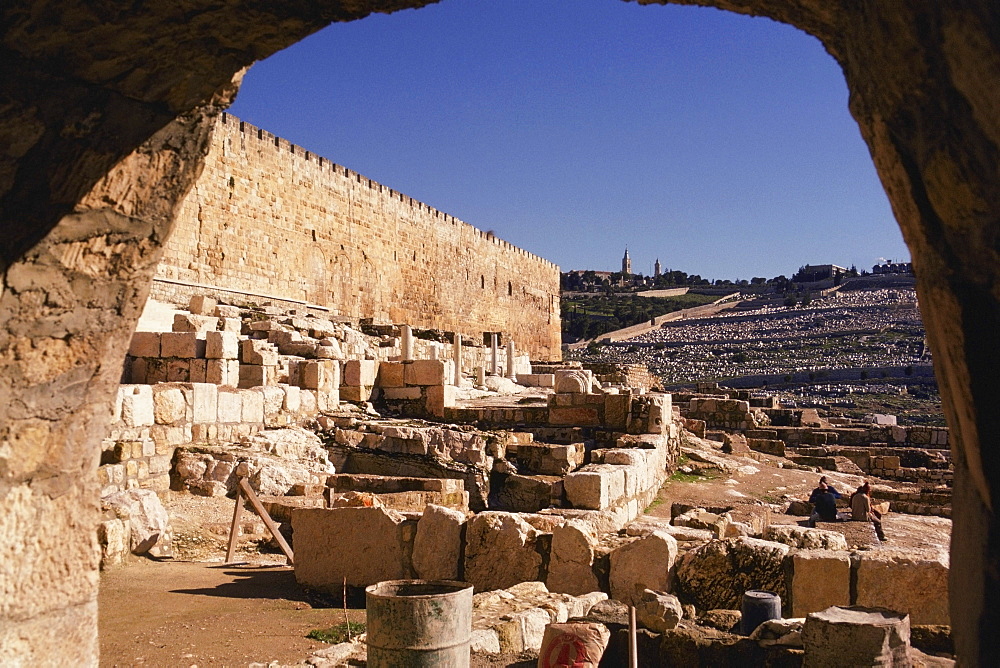 High angle view of stones in front of a cemetery, Mount Of Olives, Jerusalem, Israel