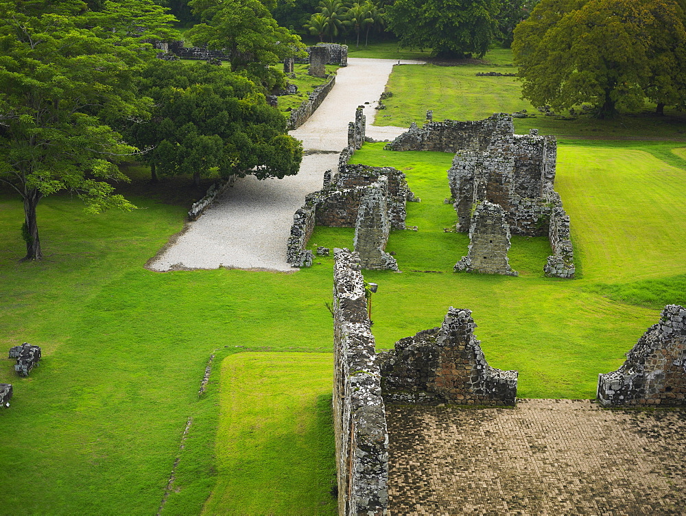 High angle view of old ruins of buildings, Old Panama, Panama City, Panama