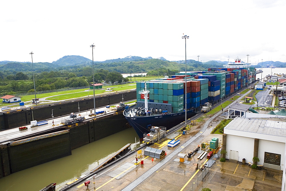 Cargo containers in a container ship at a commercial dock, Panama Canal, Panama