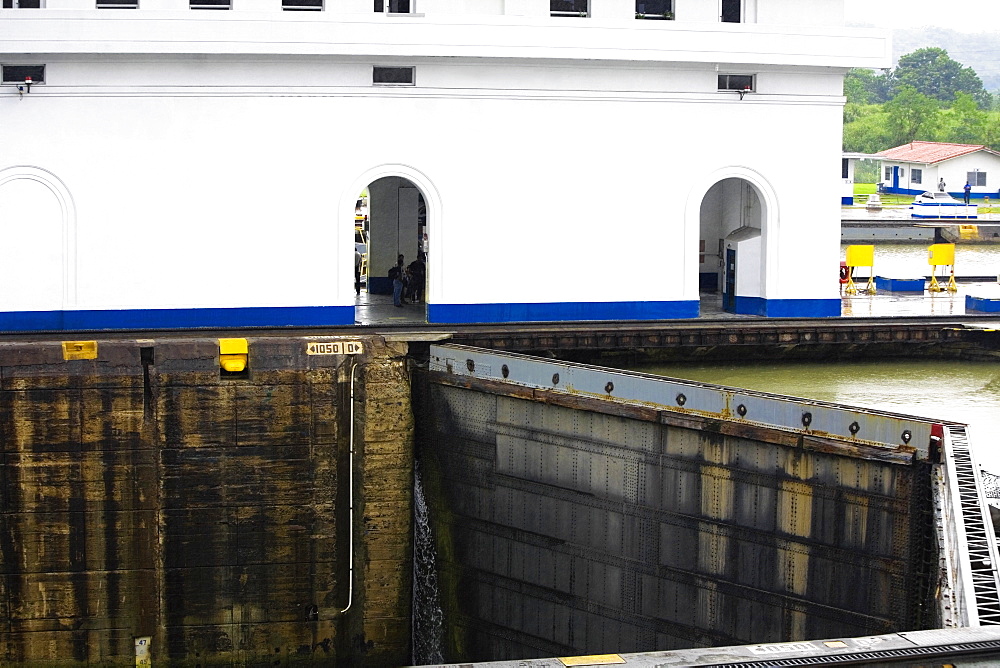 Building near a dam, Miraflores Locks, Panama Canal, Panama