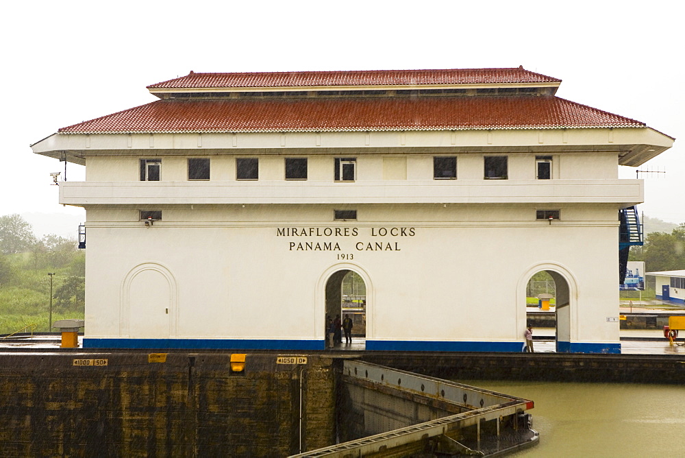 Building at a canal, Miraflores Locks, Panama Canal, Panama