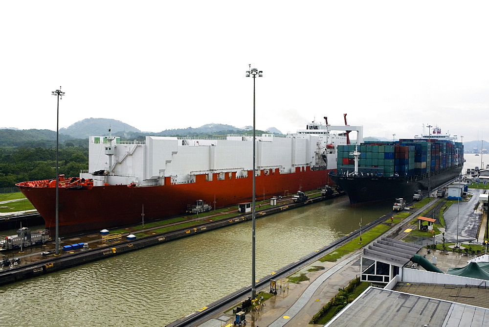 Container ship and cargo containers at a commercial dock, Panama Canal, Panama